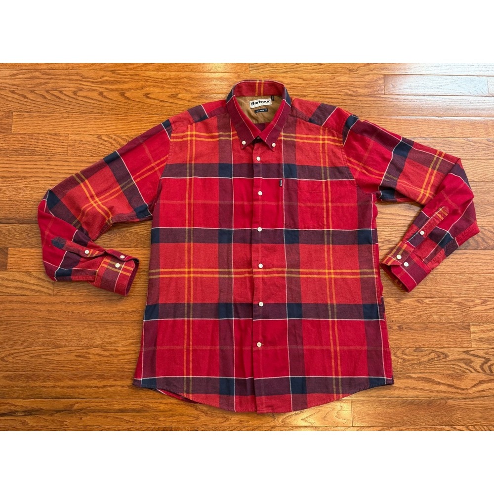 Barbour John Flannel Button Down Shirt Mens Large Red Blue Tartan Plaid Rugged